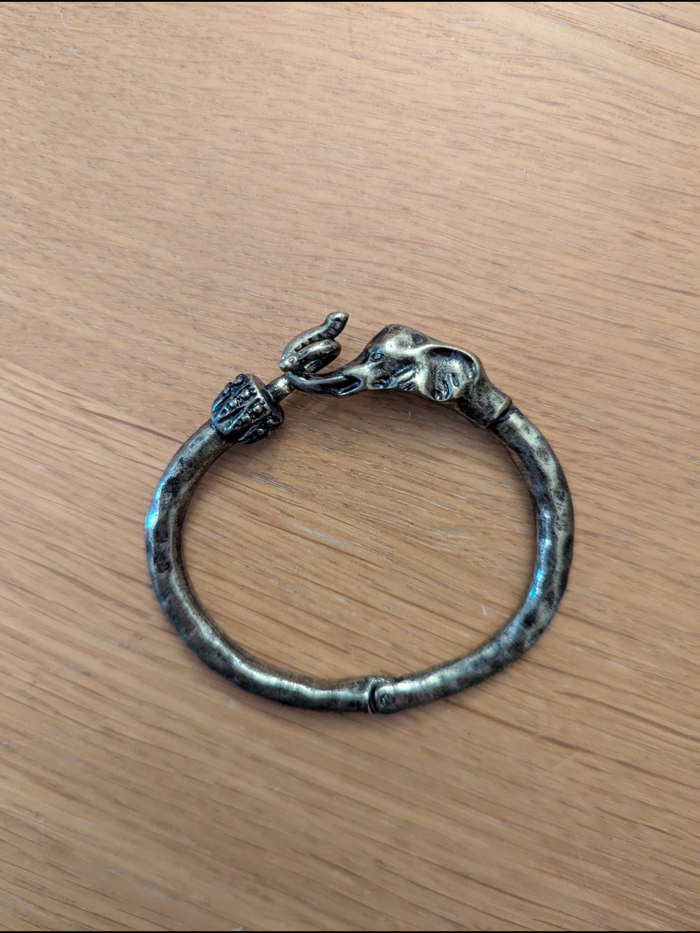 Elephant Head Hinged Bangle Bracelet - Antiqued Silver Tone